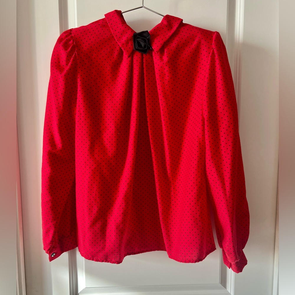 Vintage Red Polka Dot Blouse • Made in Canada • Bow Detail • Retro Holiday Top